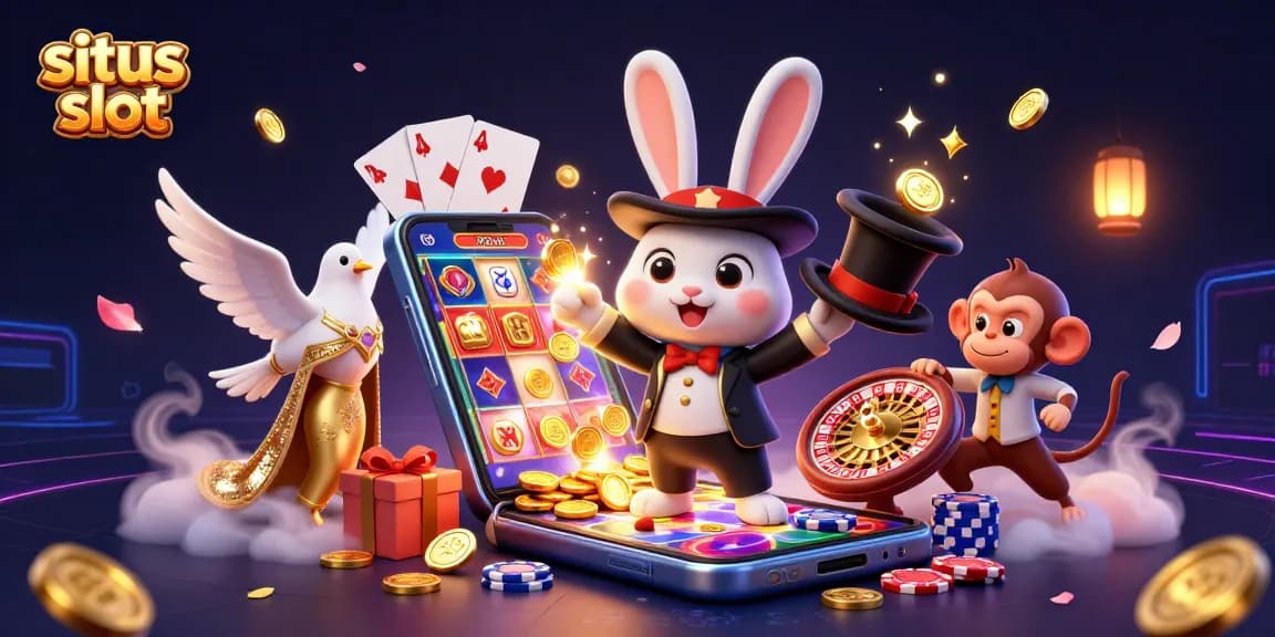 Experience the magic of situs slot with a cartoon magician rabbit pulling coins amidst a dazzling scene of casino elements.