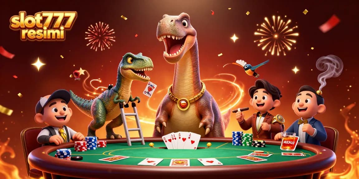 Experience thrill at slot777 resmi with vibrant casino action featuring a brontosaurus and raptor dealing cards.