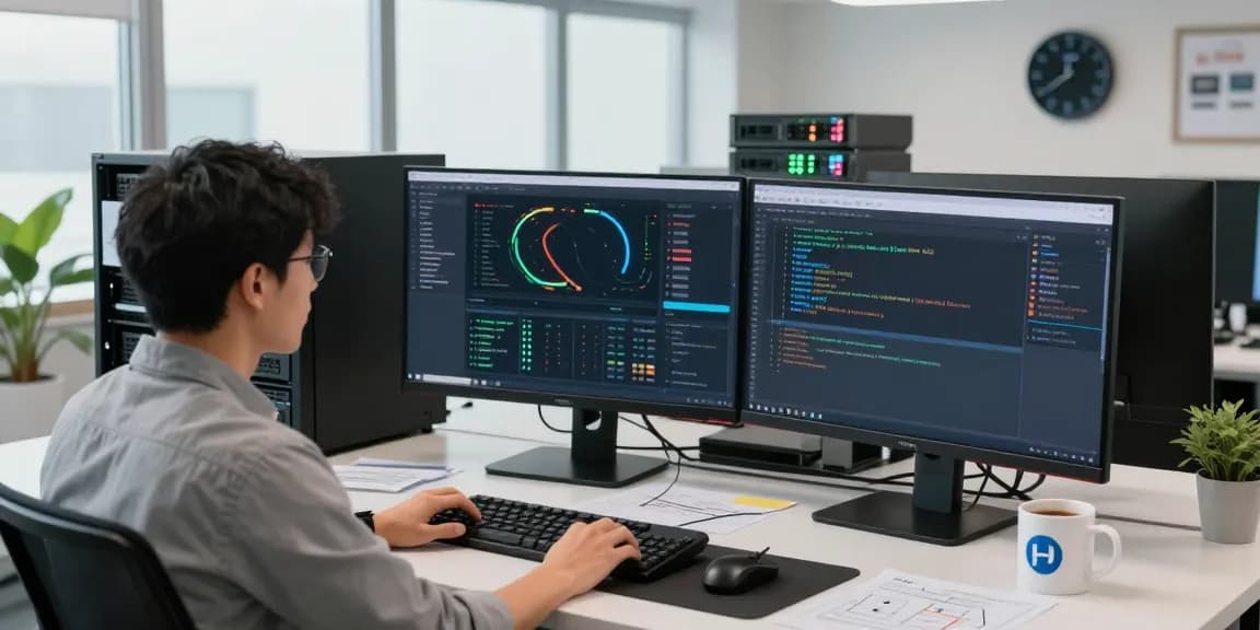 Managing servidores vps windows in a modern tech workspace with dual monitors displaying server dashboards and performance metrics.