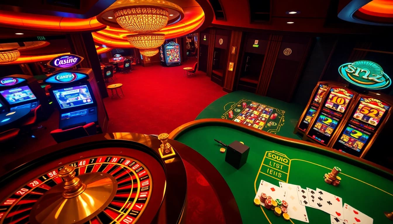 Une scène dynamique d'un casino en ligne haut de gamme mettant en avant le meilleur casino en ligne France avec des jetons de poker et une roulette élégante.