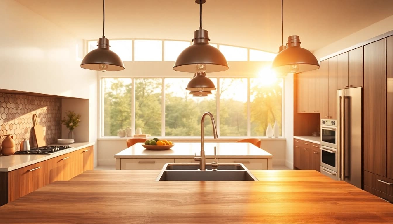 Illuminated island light fixtures enhancing a contemporary kitchen's inviting atmosphere.