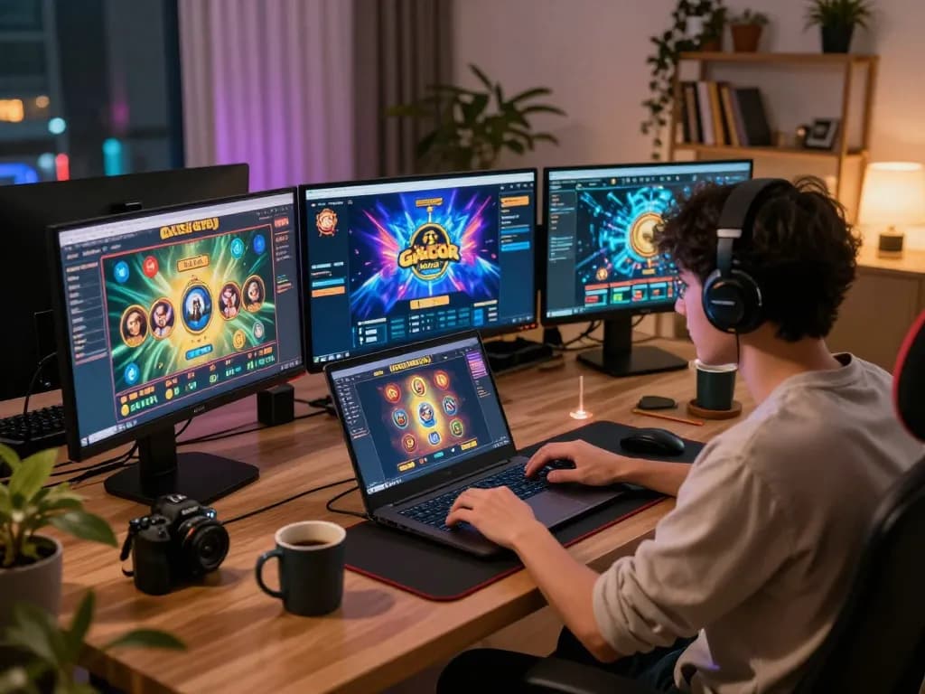 Engaging home online gaming session featuring link slot gacor gameplay on laptop, showcasing vibrant graphics and winning notifications.