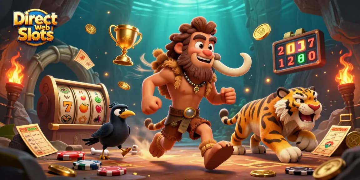 Experience the excitement of Direct Web Slots in a dynamic prehistoric casino scene.