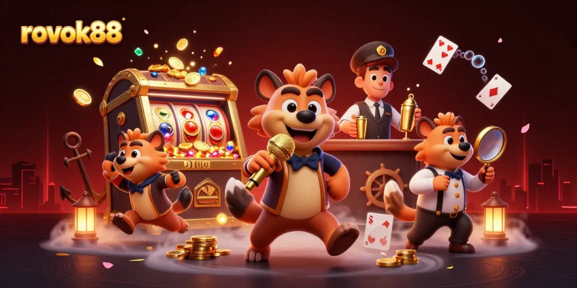 Join the fun at rokok88's casino with 3D hyenas in a vibrant comedy club, reveling in slots and laughter!
