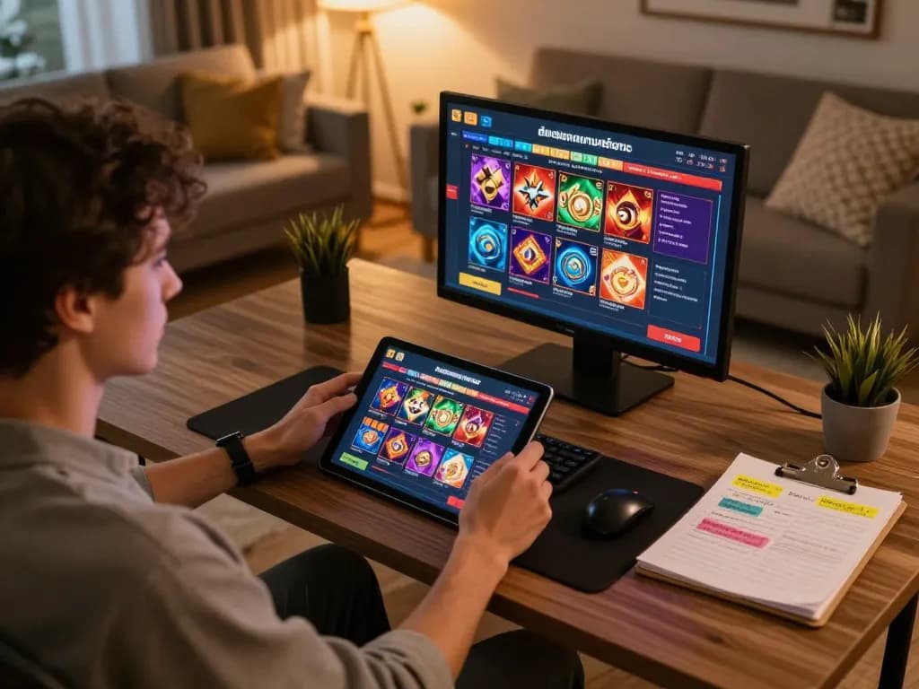 Engaging inสล็อตทดลอง gameplay on a tablet at home, showcasing a cozy gaming environment