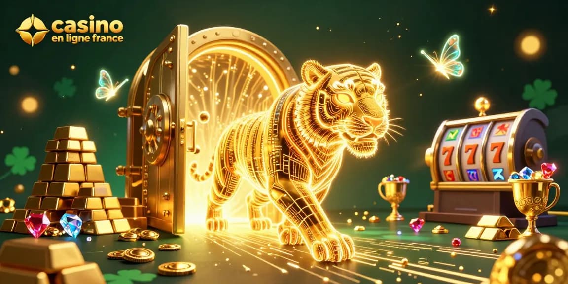 Illustration dynamique de casino en ligne France avec un tigre en lumière et symboles porte-bonheur