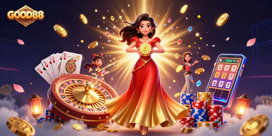 Experience exciting wins with GOOD88 in this vibrant casino-themed illustration.