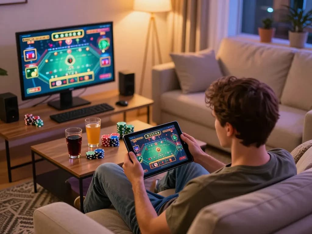Engaged player enjoying casino europei online via tablet, showcasing lively home gaming atmosphere.