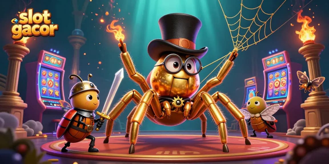 Engage with slot gacor opportunities through a vivid 3D casino scene featuring colorful machines and unique characters.