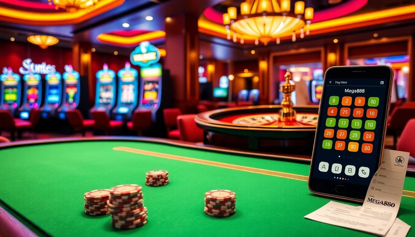 Download apk mega888 on a luxury casino table filled with poker chips and a glowing smartphone.
