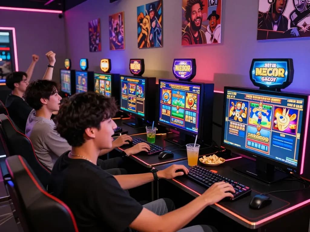 Group celebrating wins while playing situs slot gacor in a vibrant gaming lounge.