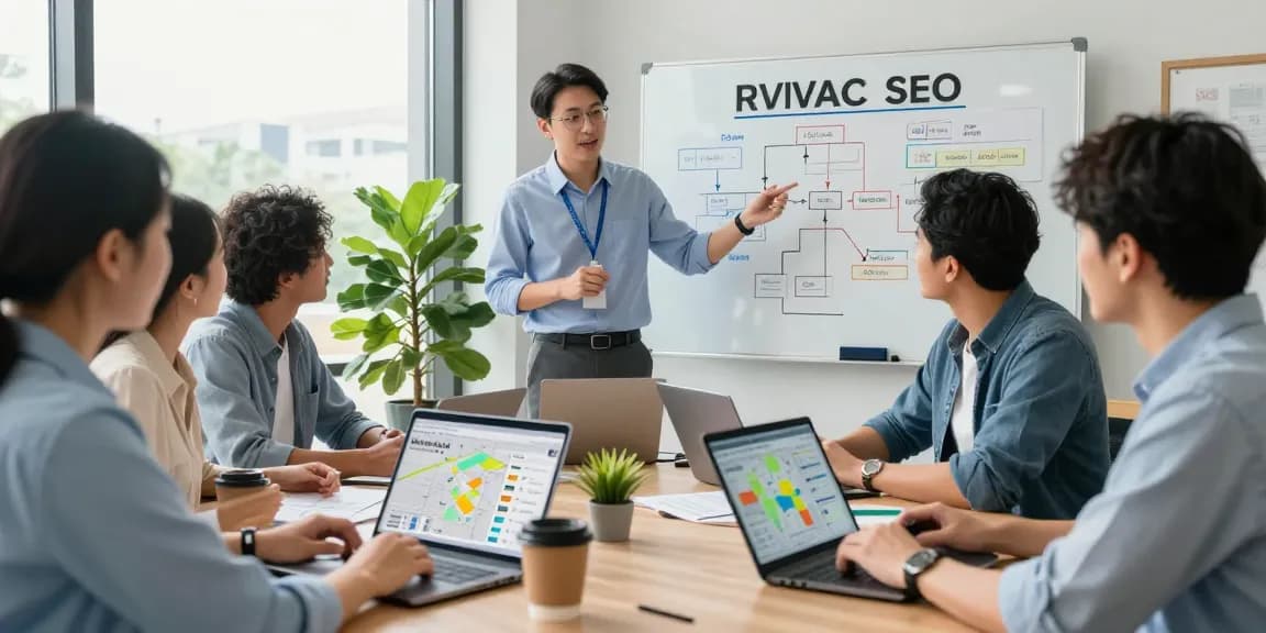 Engaged team strategizing on HVAC SEO company tactics for local market dominance in a modern office.