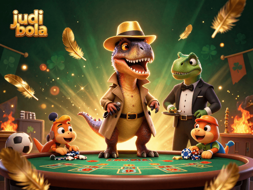 Bet on judi bola resmi with an exciting illustration of a velociraptor card counter at a casino.