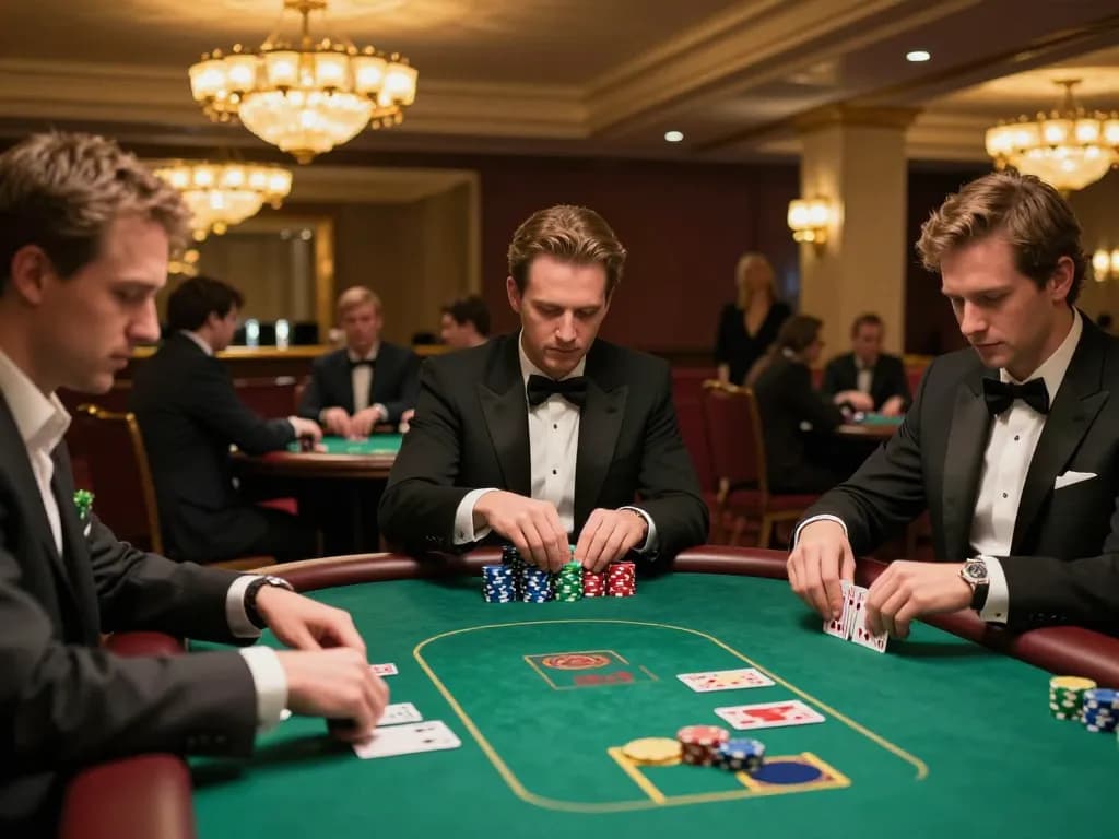 IDNTRADE winning poker hands displayed during an upscale casino game night.