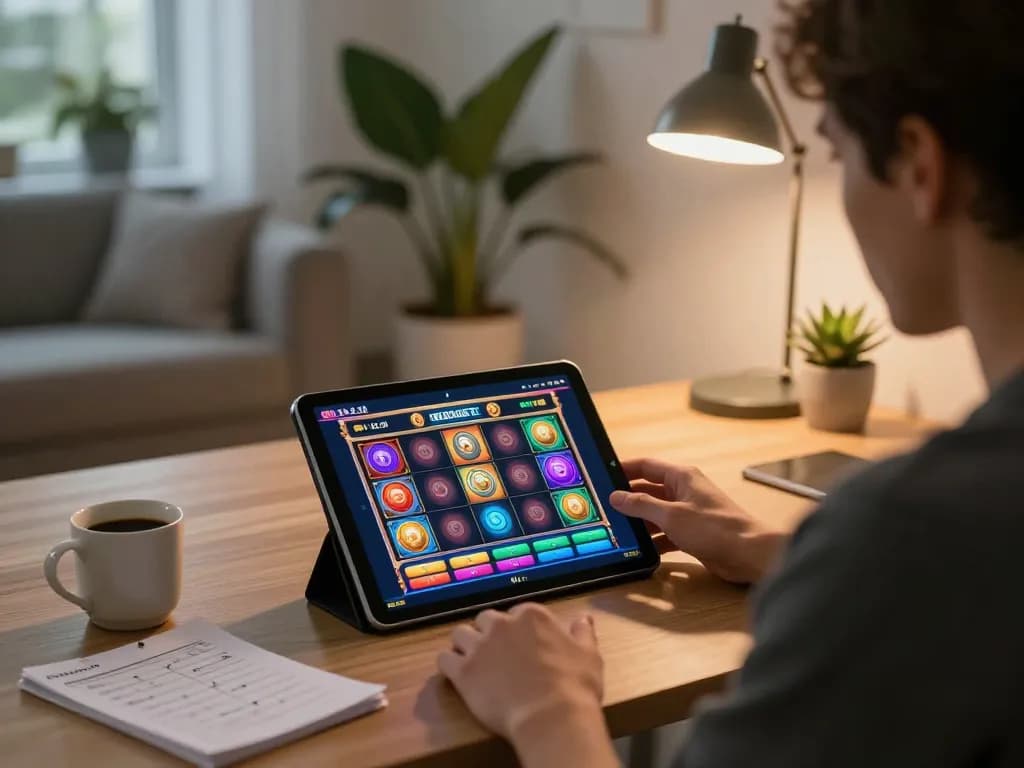 Engaging in exciting slot online gameplay on a tablet in a modern home office.