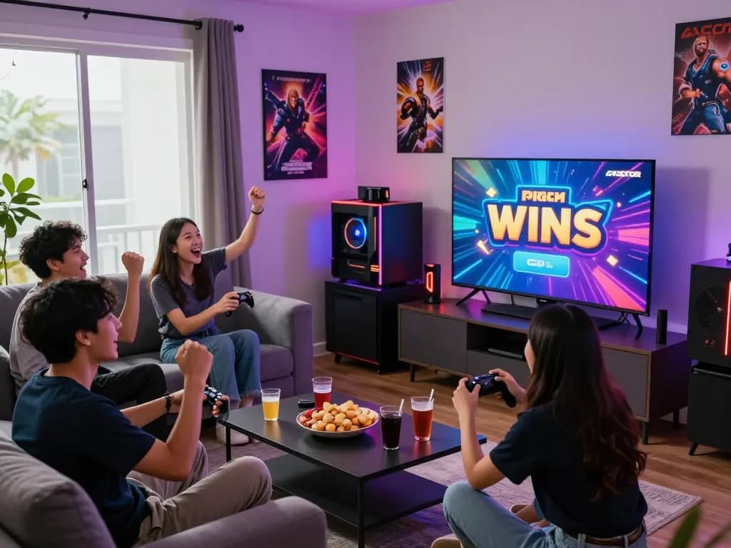 Situs slot gacor bermain seru dengan teman-teman di ruang tamu yang ramai.