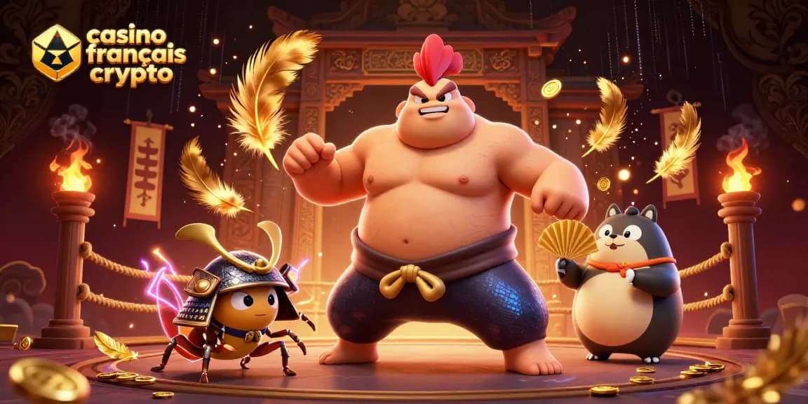 Action intense sur un casino français crypto avec un sumo et un cricket guerrier dans une arène.