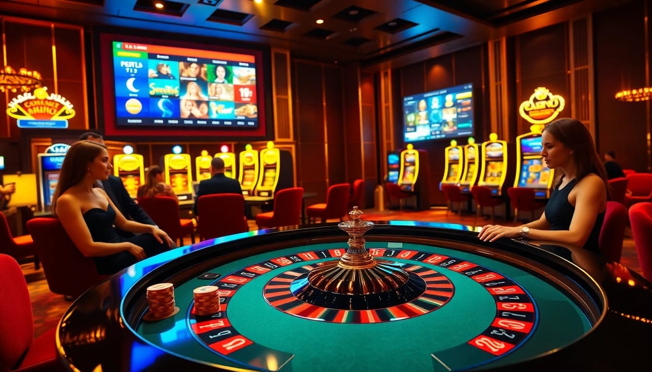 Joueurs engagés à une table de roulette dans un casino magnifique, représentant le meilleur casino en ligne France.