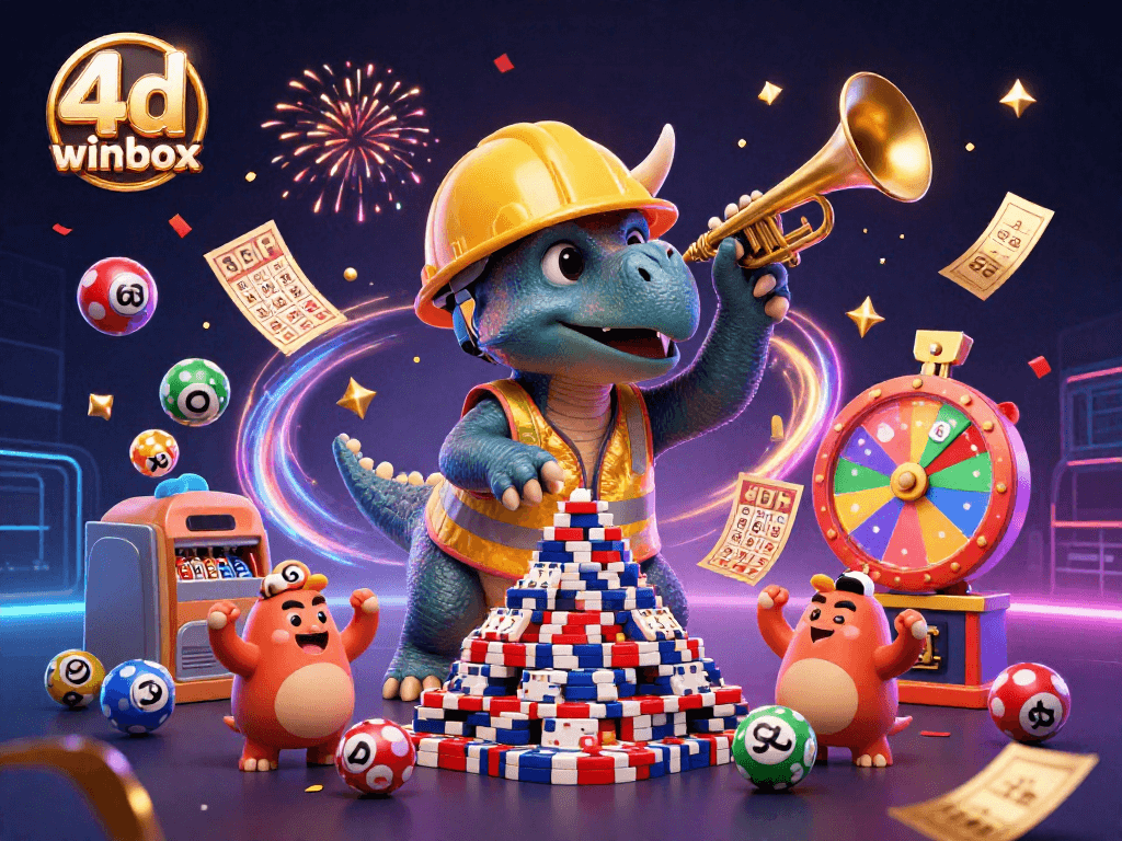 Experience the excitement of 4d winbox with a vibrant lottery-themed illustration featuring lively characters and elements.