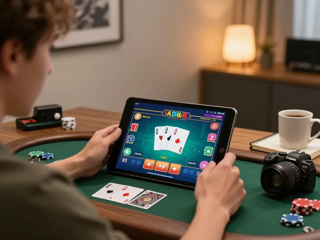 FAFA 828 player strategizing in a home office during an online poker game.