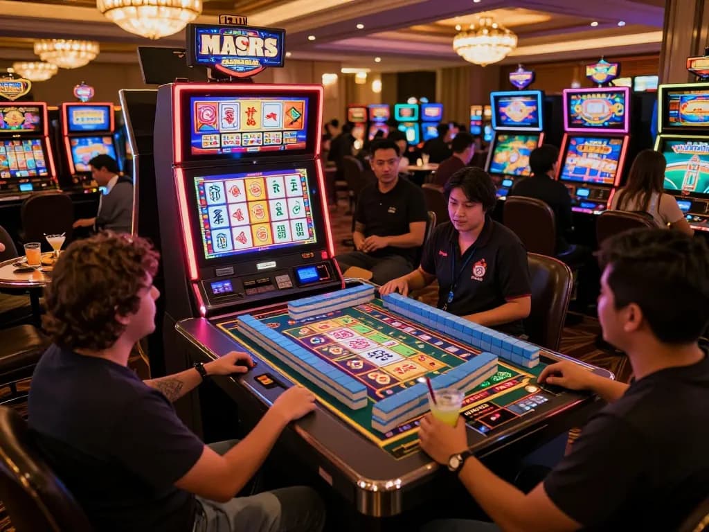Players celebrating a win at a vibrant mahjong slot, excited ambiance with colorful reels spinning.