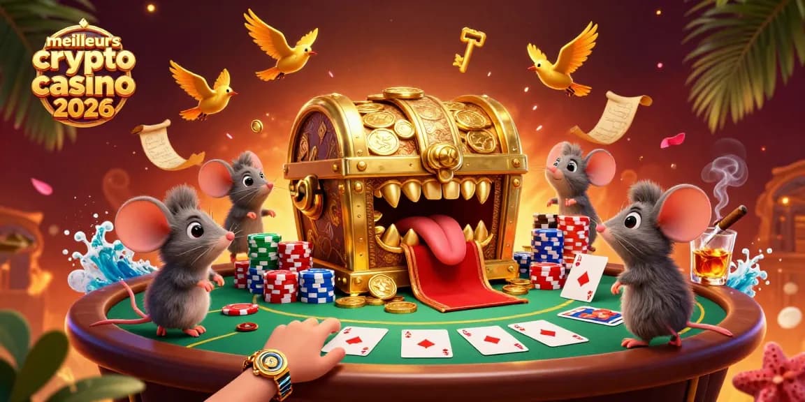 Exploration des meilleurs crypto casino 2026 avec une scène dynamique de trésor et de jeux de cartes