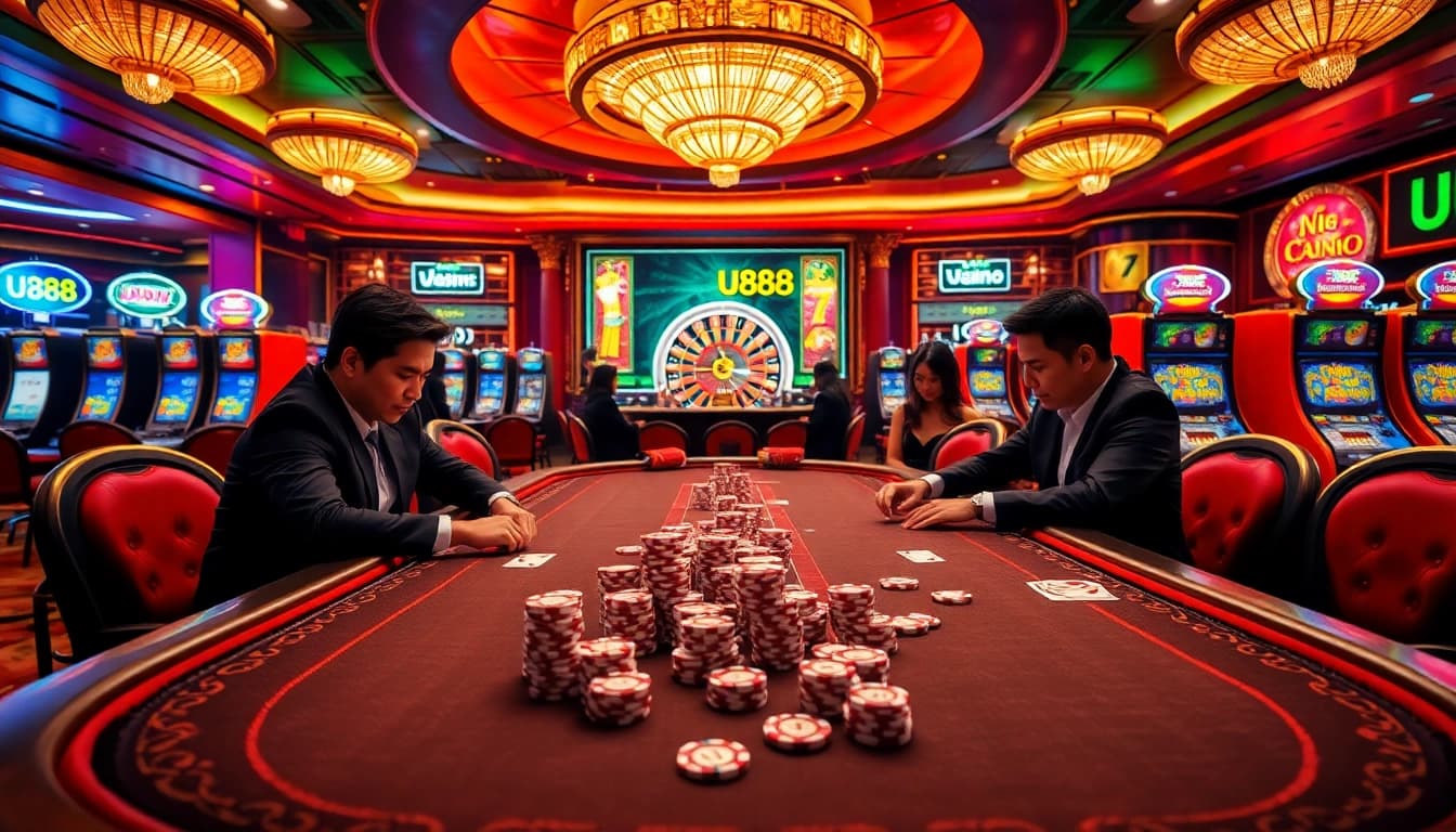 Engaging casino scene with professional players at Nhà cái U888 poker table, showcasing high-stakes excitement.