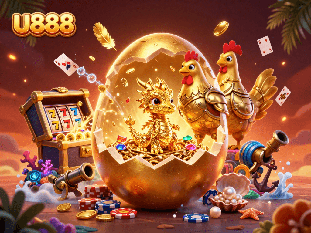 Experience U888's excitement as the golden dragon emerges from a treasure-filled scene.