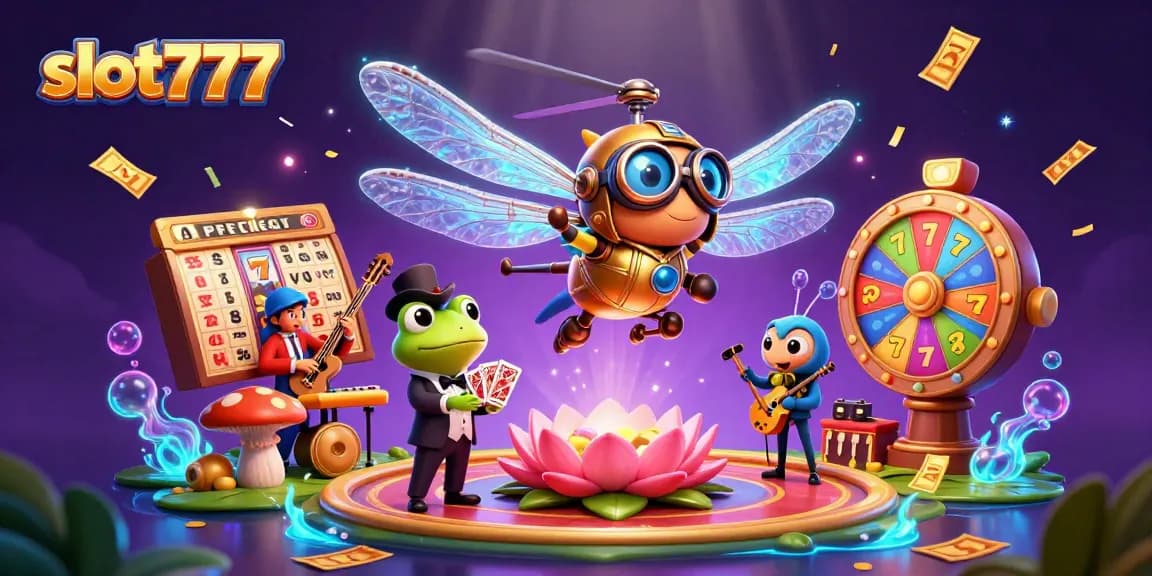 Engage with slot777’s thrilling features as a dragonfly pilot hovers over a lively lily pad casino
