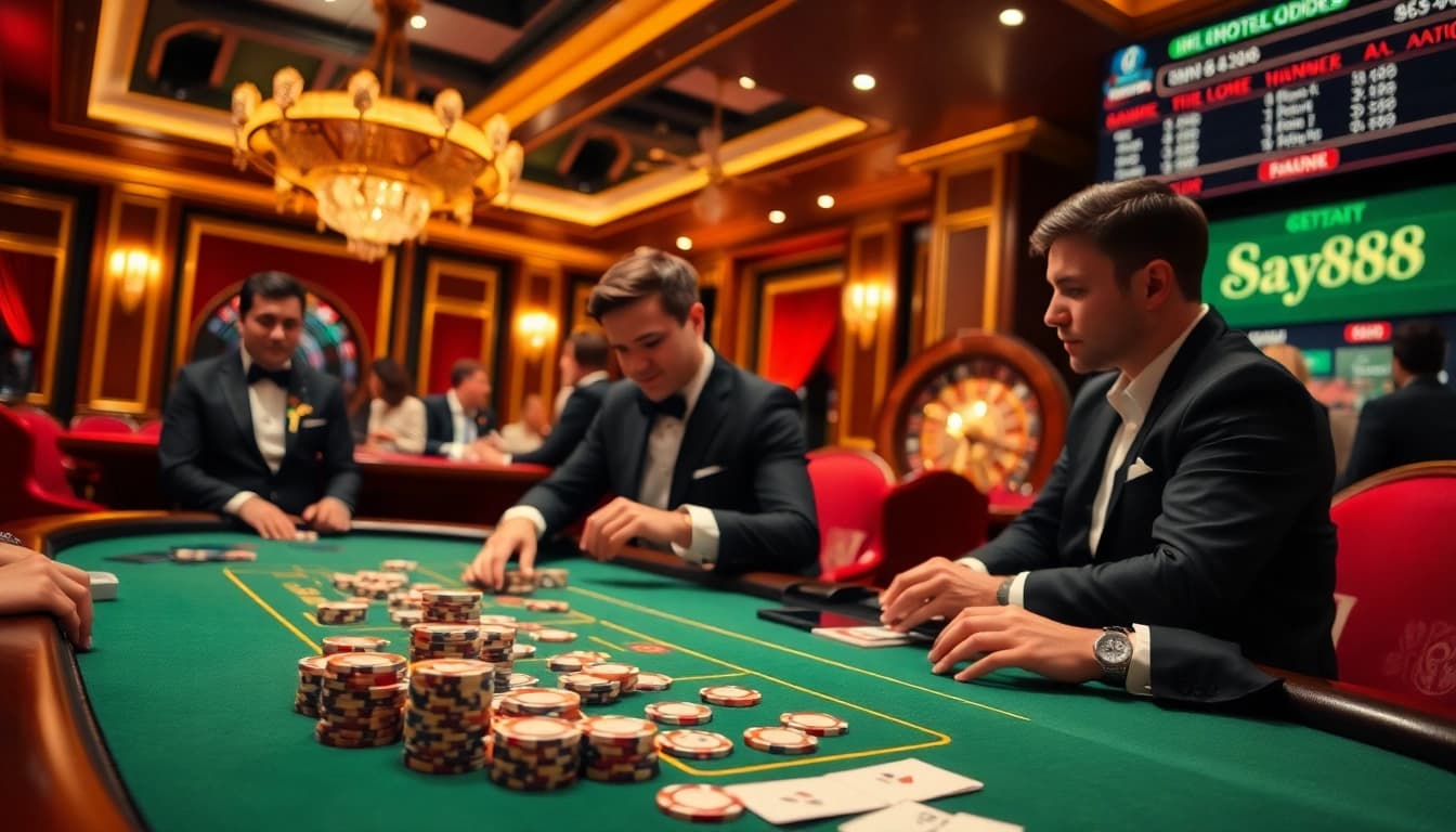 Exciting gaming scene showcasing say88 poker chips and a roulette wheel in a luxurious casino atmosphere.