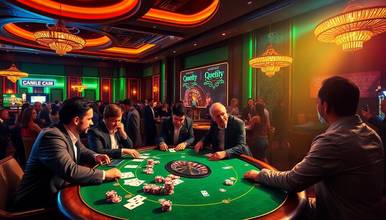 Players enjoying a thrilling poker game in a luxurious casino setting with rebahin themes.