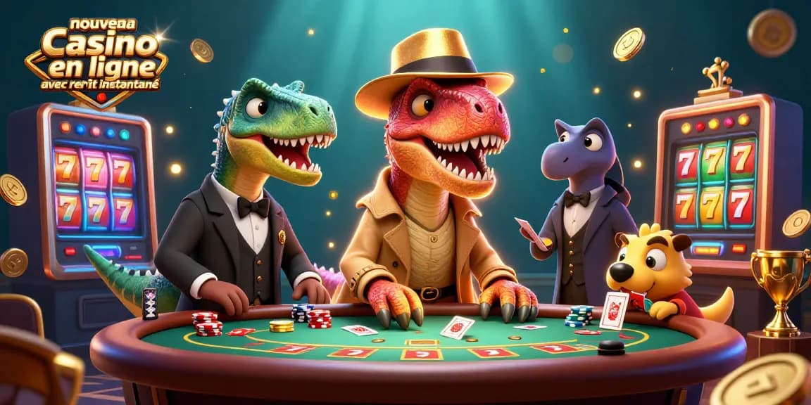 Retirez vos gains rapidement avec un nouveau casino en ligne avec retrait instantané, illustré ici par un vélociraptor à une table de blackjack.