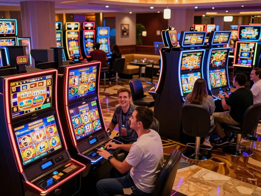 Players enjoying the excitement of slot777 machines in a lively casino setting.