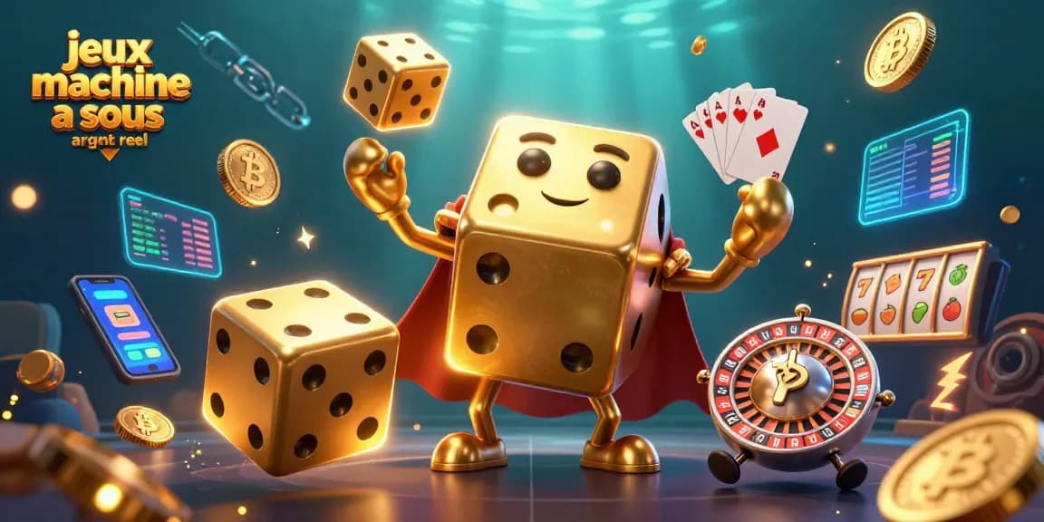 Jouez aux jeux machine à sous argent réel avec des dés dorés, pièces de crypto et ambiance de casino.