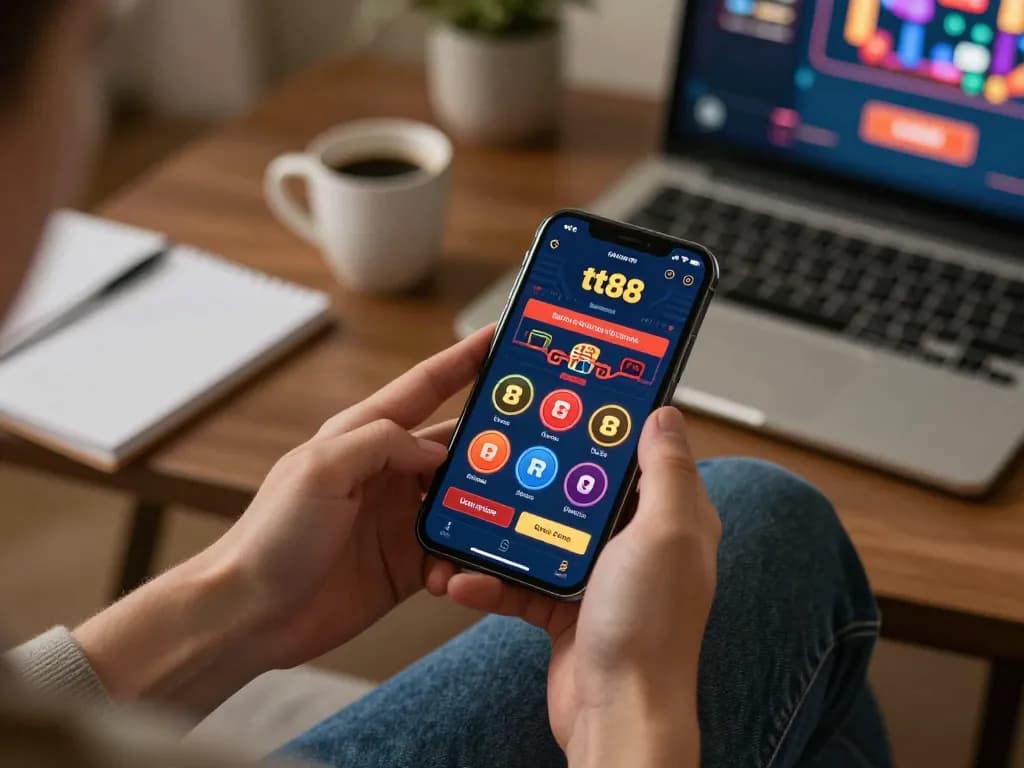Engaging with the tt88 casino app on a smartphone in a cozy home setting, showcasing online gaming excitement.
