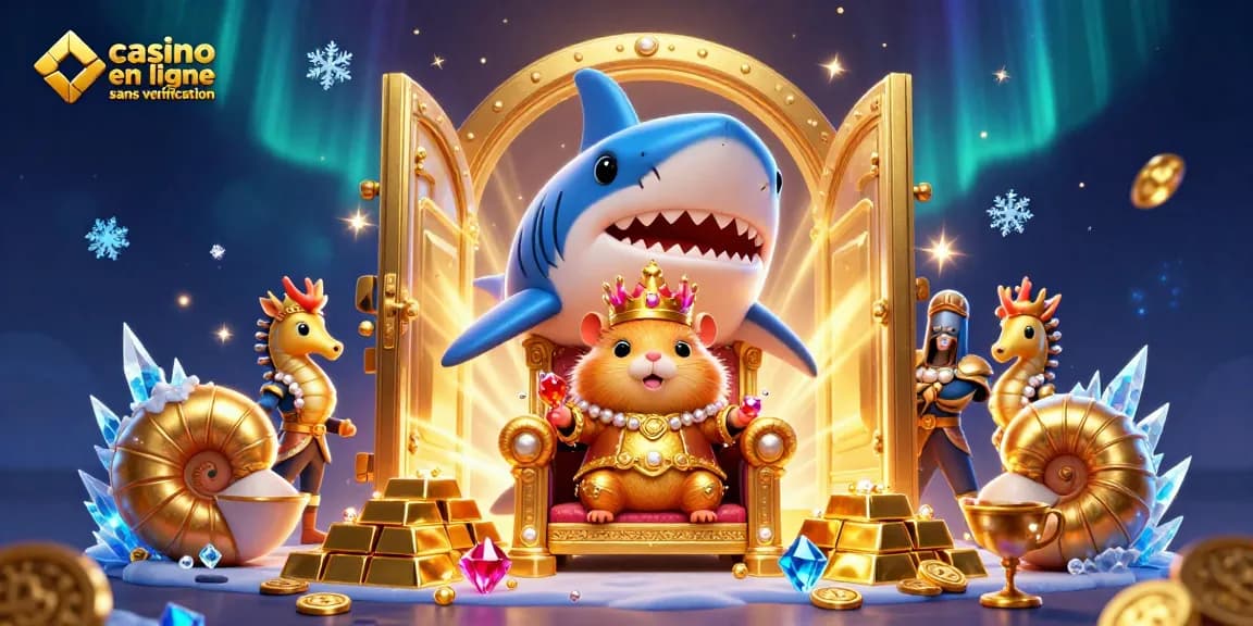 Illustration dynamique de jeu dans un casino en ligne sans vérification, montrant un roi hamster sur un trône de dents de requin.