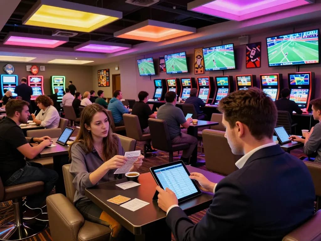 Exciting moments of gamblers analyzing strategies at 58win sports betting lounge.