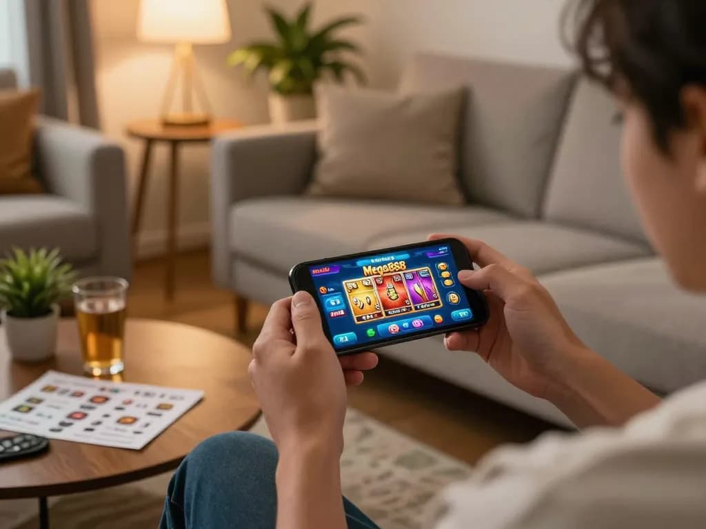 Player enjoying the apk mega888 casino app on smartphone in cozy living room setting.