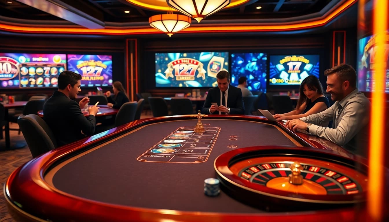 Joueurs passionnés à une table de poker représentant le meilleur casino en ligne France avec des éléments virtuels vibrants.