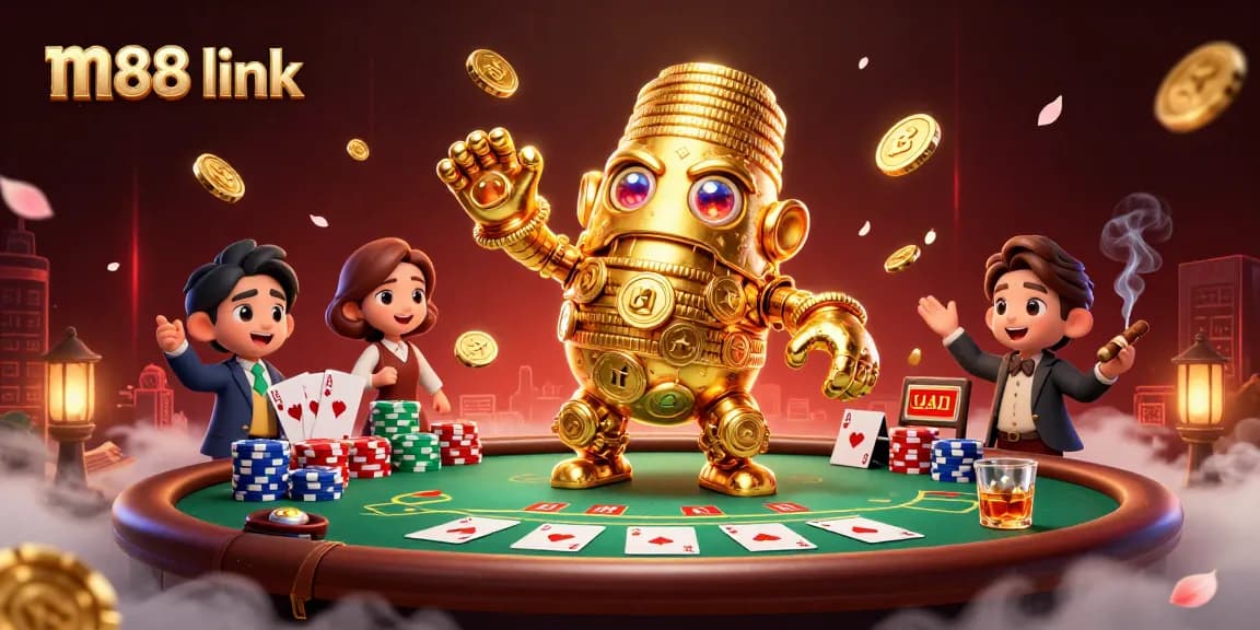 Experience thrilling gaming action with M88 link as you engage with vibrant poker elements and a dynamic golden golem.
