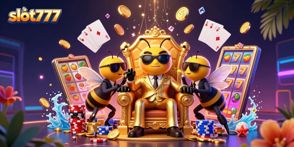 Slot777 menampilkan ilustrasi 3D dengan raja lebah dan elemen mesin slot yang menggoda, meriah dan penuh warna.