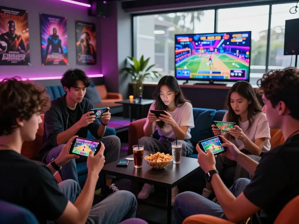 Friends enjoying tải go88 in lively gaming lounge with vibrant ambiance.