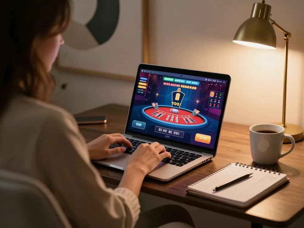 Engaged player enjoying TG88 online blackjack on laptop, showcasing strategic gameplay atmosphere