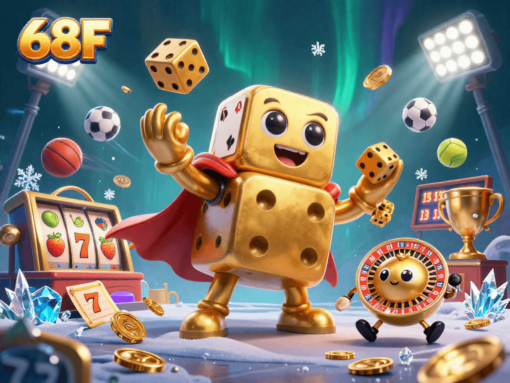 Visualize a cena emocionante de jogo com 68F, um golem de dados dourados em ação, cercado por elementos de caça-níqueis.