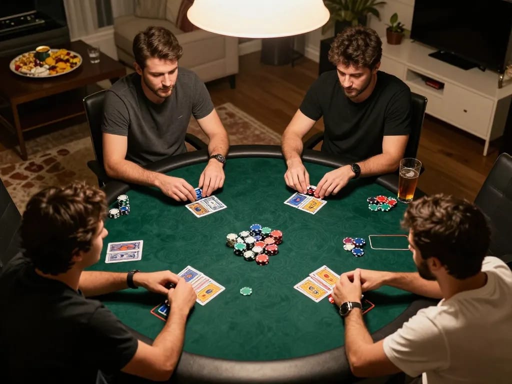 Players strategizing and enjoying a friendly game at situs slot gacor home poker night with vibrant atmosphere