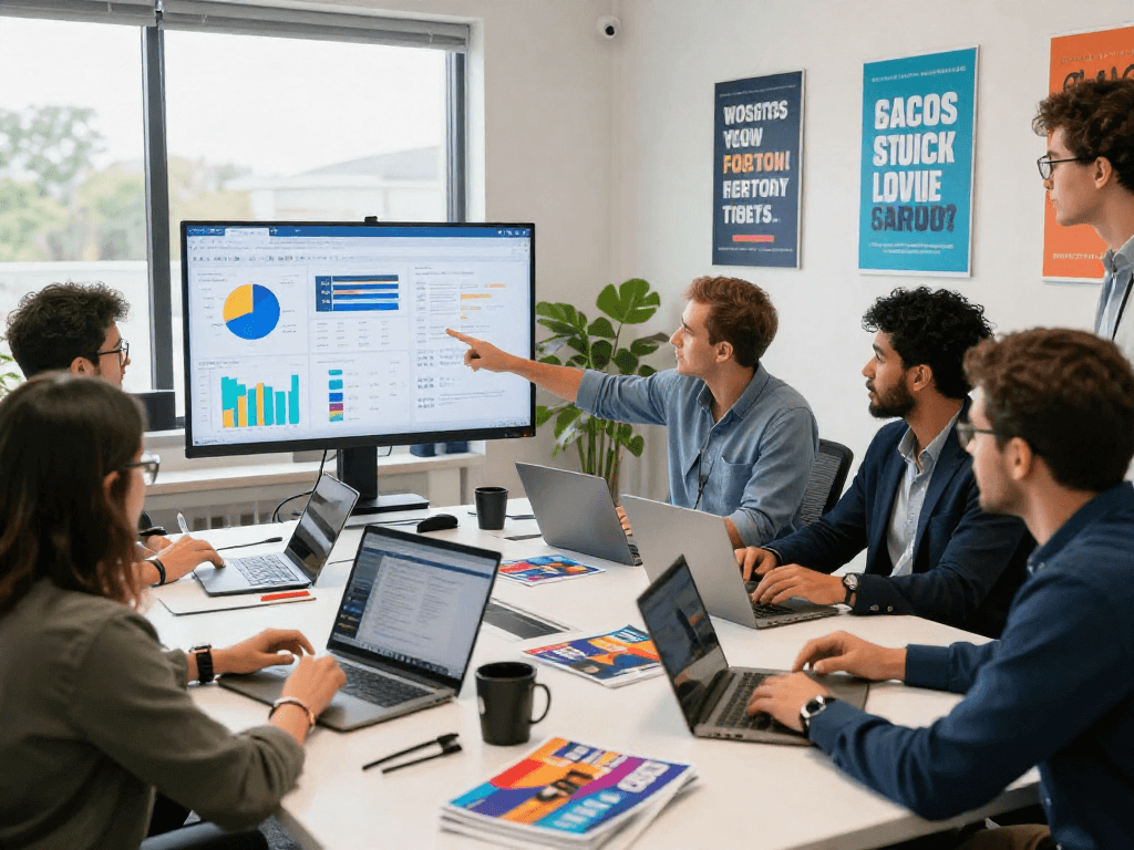 Political Facebook ads agency strategizing with dynamic team collaboration in bright office