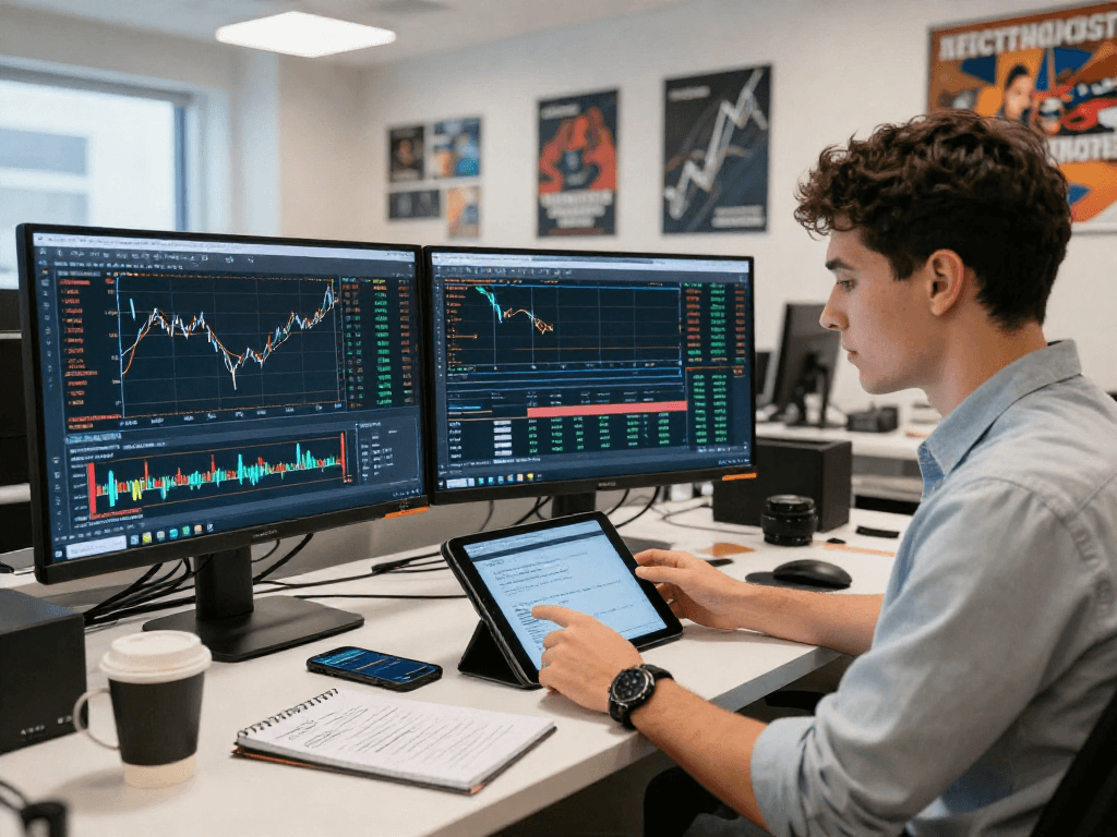 使用metatrader 5的交易员在现代金融交易室中分析市场图表和经济日历。