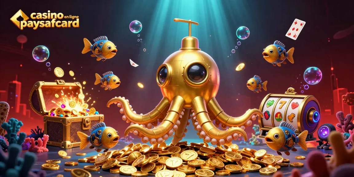 Jouez dans un casino en ligne paysafecard, avec le kraken émergeant des pièces dorées et des machines à sous.