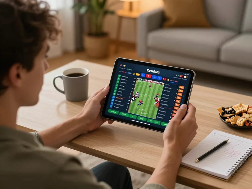 Engaging in sports betting at home using Canada online casinos reddit, showcasing tablet betting interface and strategy notes.
