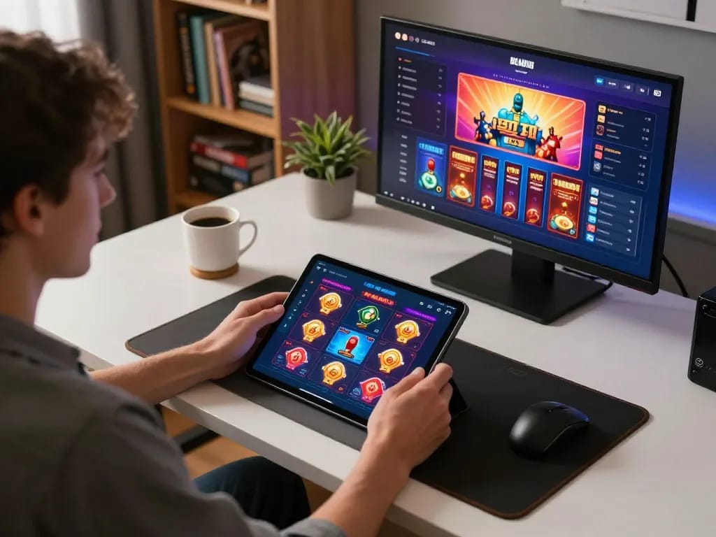 Engaging in mobile gambling with hitclubapk on a tablet in a cozy home setting